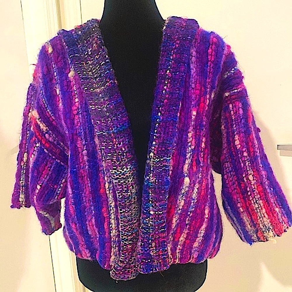 UNIQUE HAND KNIT PURPLE wool Collarless 3/4  sleeve L Jacket/Cardigan Sz Medium